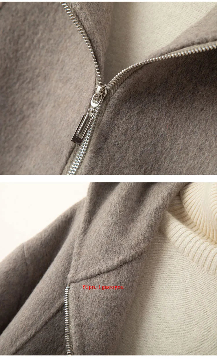 Elegant Woolen Coat Woman 2025 Winter New Fashion Pink Hooded Short Zipper Double-Sided Wool Jacket Ladies Slim Outerwear B810