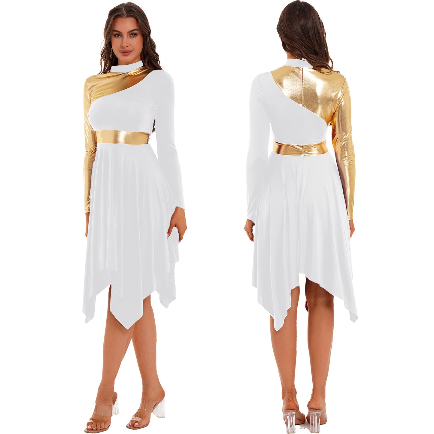 Women Modern Lyrical Dance Dress Waltz Ballroom Performance Costume Church Choir Worship Gown Long Sleeve Shiny Dancewear
