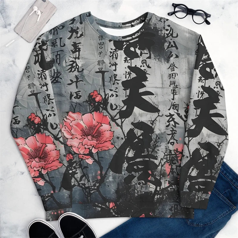 Pullover Sweatshirt For Men Japanese Style Graffiti 3D Printed Long Sleeve Tops Oversized Street Hip Hop O-Neck Casual Hoodies