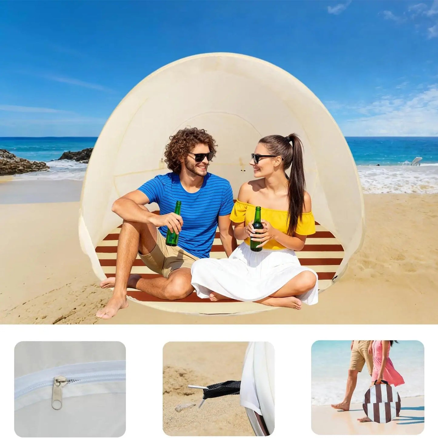 Tent for Beach 3/4 Person Easy Pop Camping Canopy Beach Shelter with Ventilating Mesh Window for Outdoor Camping Picnic Garden