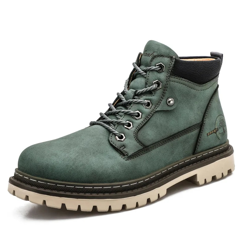 Men's High-Top British Style Motorcycle Boots Durable Cowboy Ankle Shoes Rugged Casual Non-Slip Leather Outdoor Work Footwear