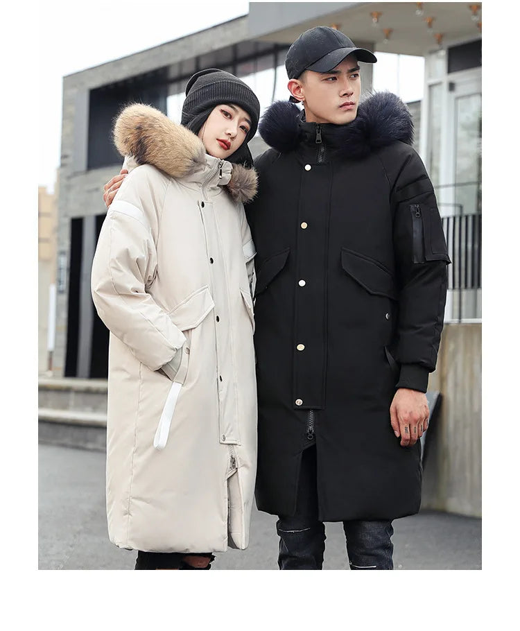 New Winter Down Jacket Men's Couple Fashion Big Fur Collar Medium and Long Youth Pie To Overcome Warmth and Thickening Tide