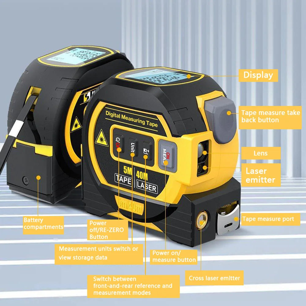 3in1 Laser Rangefinder 5m Tape Measure Ruler LCD Display Distance Meter Building Measurement Device Area Volume Surveying Device