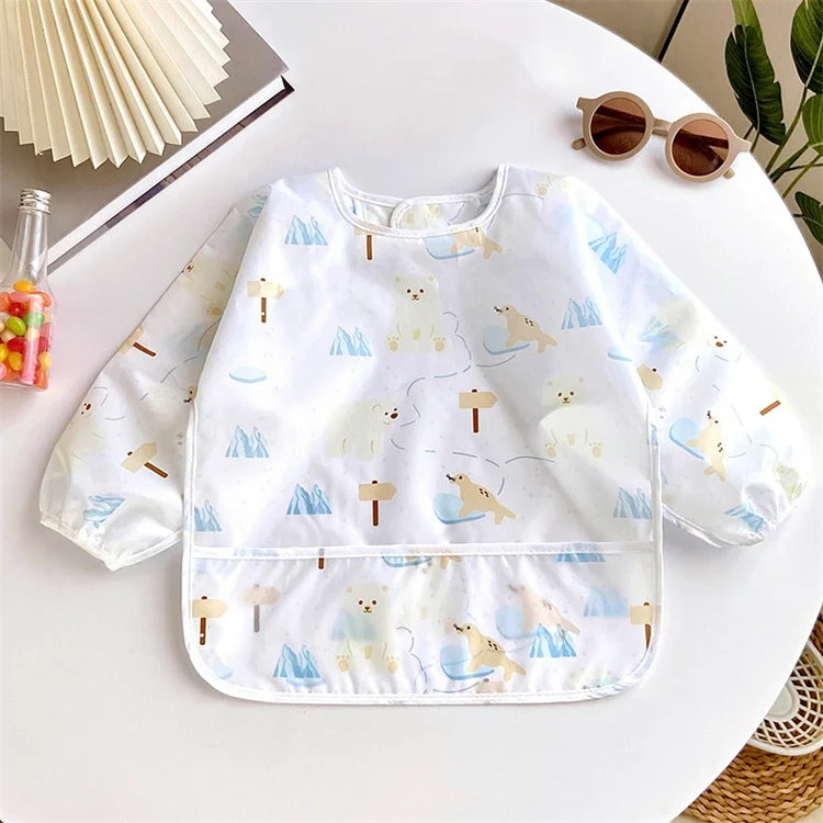Baby's Soft Bib Kid Cute Cartoon Long Sleeves Adjustable Feeding Cloth For Boys Girls Painting Smock Toddlers Meal Eating Apron