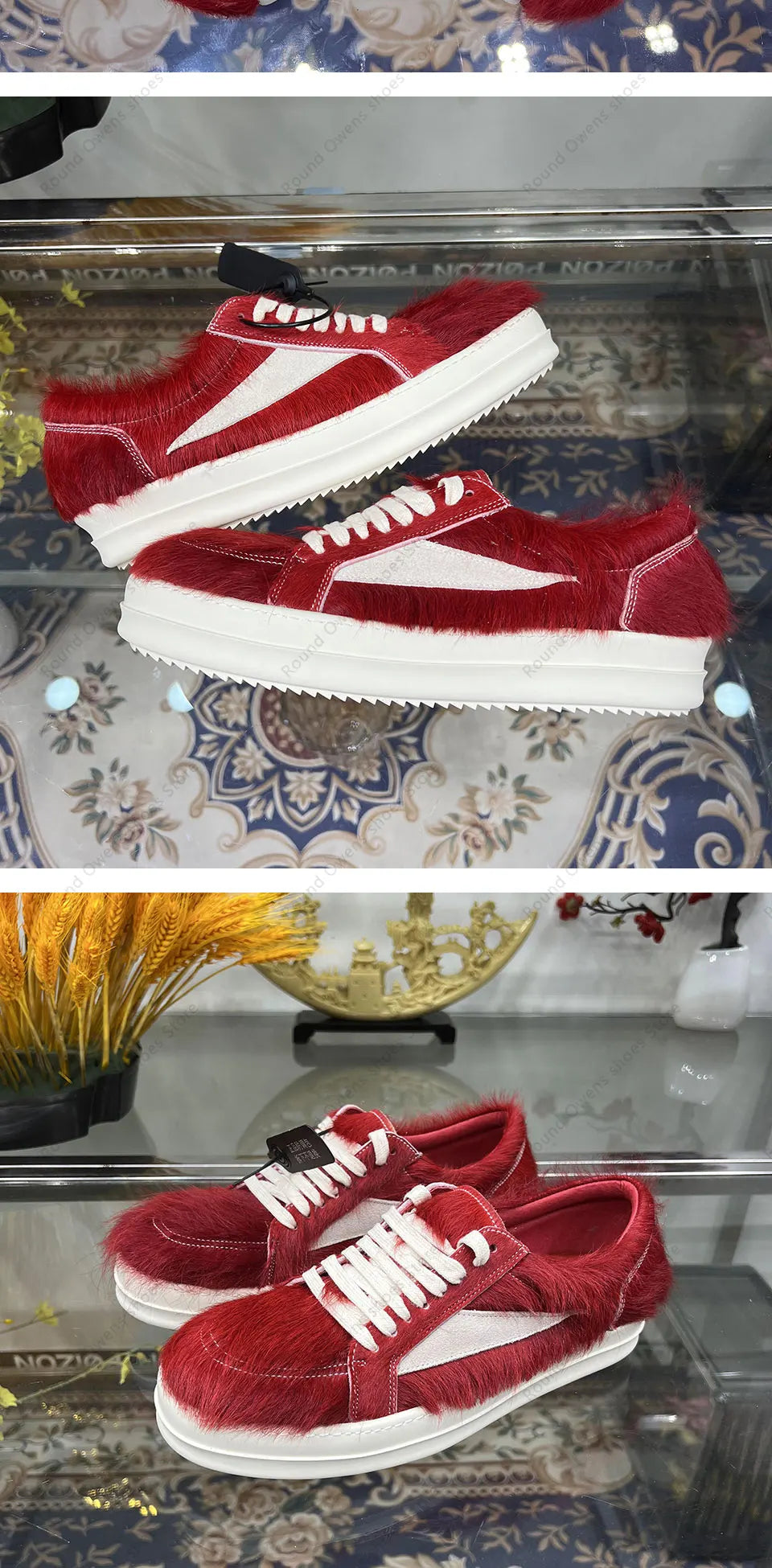 24ss New Horse Hair Low Top Quality Casual Shoes Dark Red Men Genuine Leather Thick Sole Lace Up Luxury Sports Ro Women Sneakers