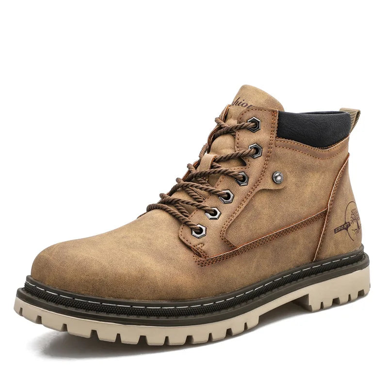 Men's High-Top British Style Motorcycle Boots Durable Cowboy Ankle Shoes Rugged Casual Non-Slip Leather Outdoor Work Footwear
