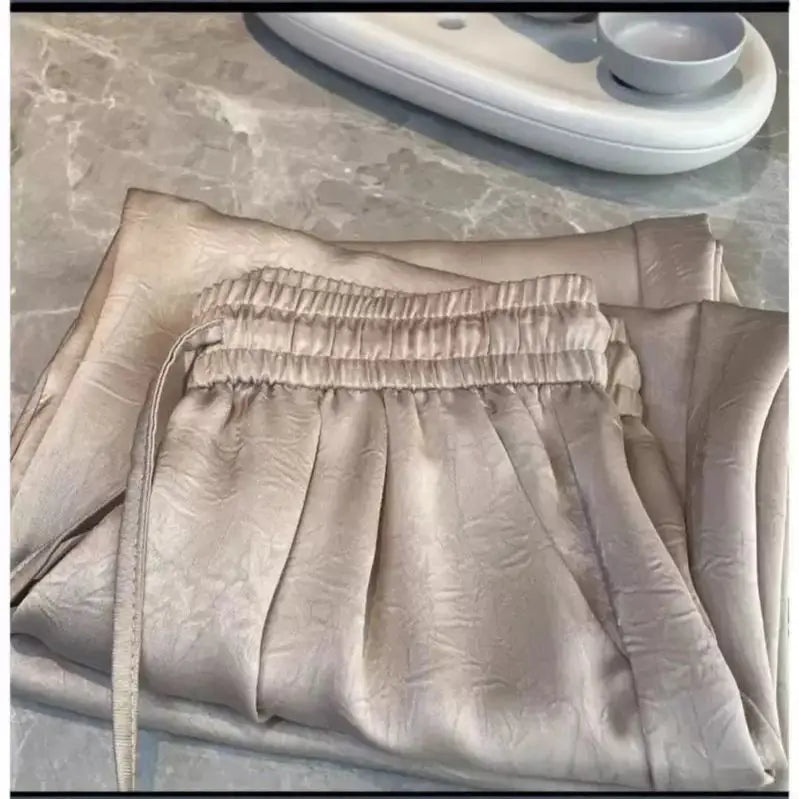 plus Size Satin Ice Silk Wide Leg Pants Women's Summer Thin Cool Casual Straight Leg Trousers Comfortable Loose Fit Long Pants