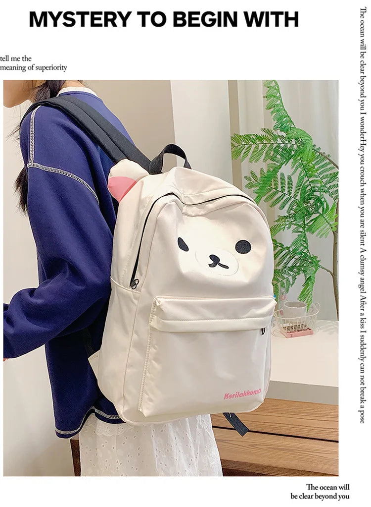 Rilakkuma Kawaii Cartoon Backpack Waterproof Nylon Large Capacity Embroidery School Bag For Young Adult Daily Travel Campus Work