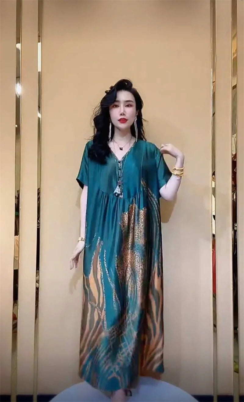 High end brand Ice silk dress 2025 Summer New Style Stylish and Fashionable Covering Belly Slim Women's French Silk Long Dress