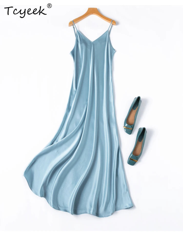Tcyeek 100% Natural Mulberry Silk Long Dress 21MM Real Silk Summer Dresses for Women 2026 Elegant Dresses Womens Clothing Платье