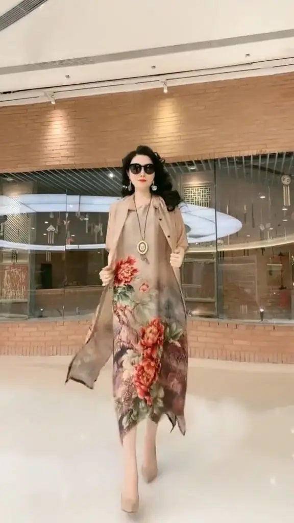 Authentic Silk Dress for Mother, Silkworm Loose Dress, High-End Print, 2-Piece Dress, Women's Dresses, Spring, Summer, New, 2023