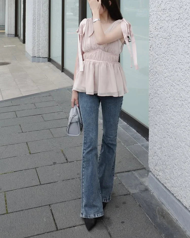 Women's Tops Summer Bow Tie Sweet Elegant Blouse Femme V Neck Shirt Waist-Cinching Japanese Style Sleeveless Chiffon Blouse