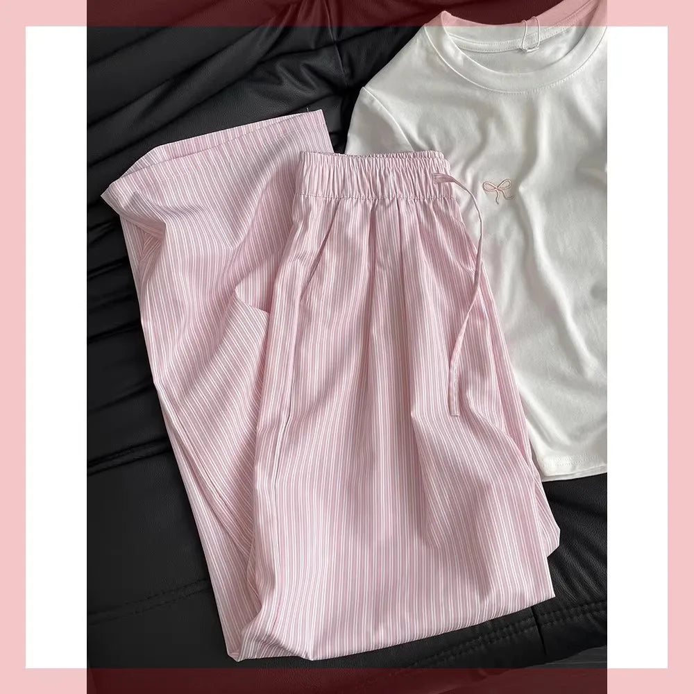 Blue Ice Silk Stripe Pants Women's Casual Summer Spring Wide Leg Pants Small Size Sembach Trousers High Waist Loose Fit
