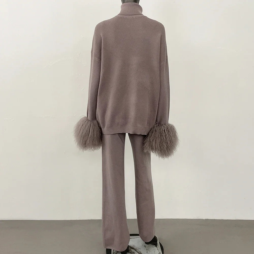 Coat Women Knitted Suit Women's Sweater Set Real Mongolian Sheep Fur Cuffs High Quality Wool & Blend Knitted Pullover and Pants