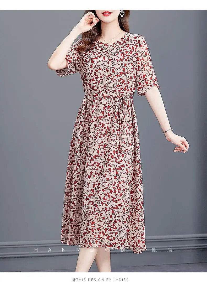 Women's Mulberry Silk Midi Dress V-Neck Three-Quarter Sleeve Red Floral Print Waist Tie Elegant Silk Summer Dress For Mature