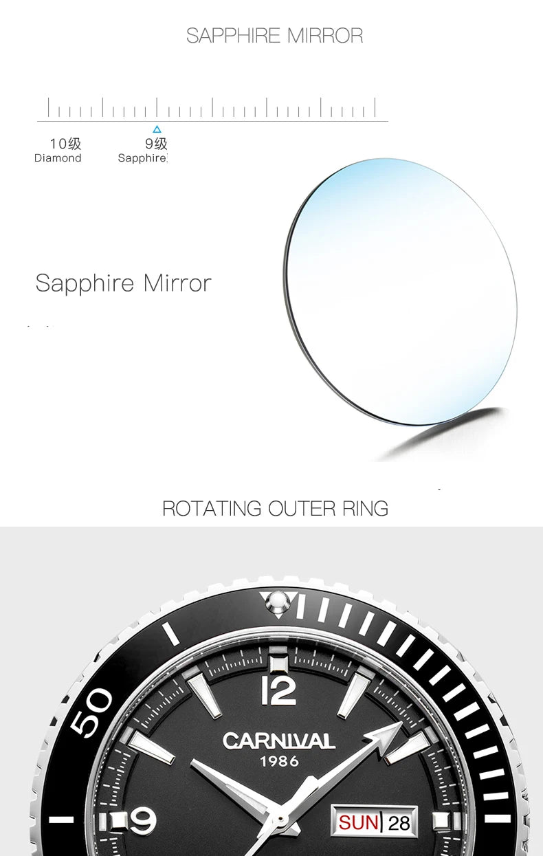 I&W Men Automatic Watch 41mm Mechanical Wristwatch 50M Waterproof Luminous Sapphire Mirror Dual Calendar Week Date