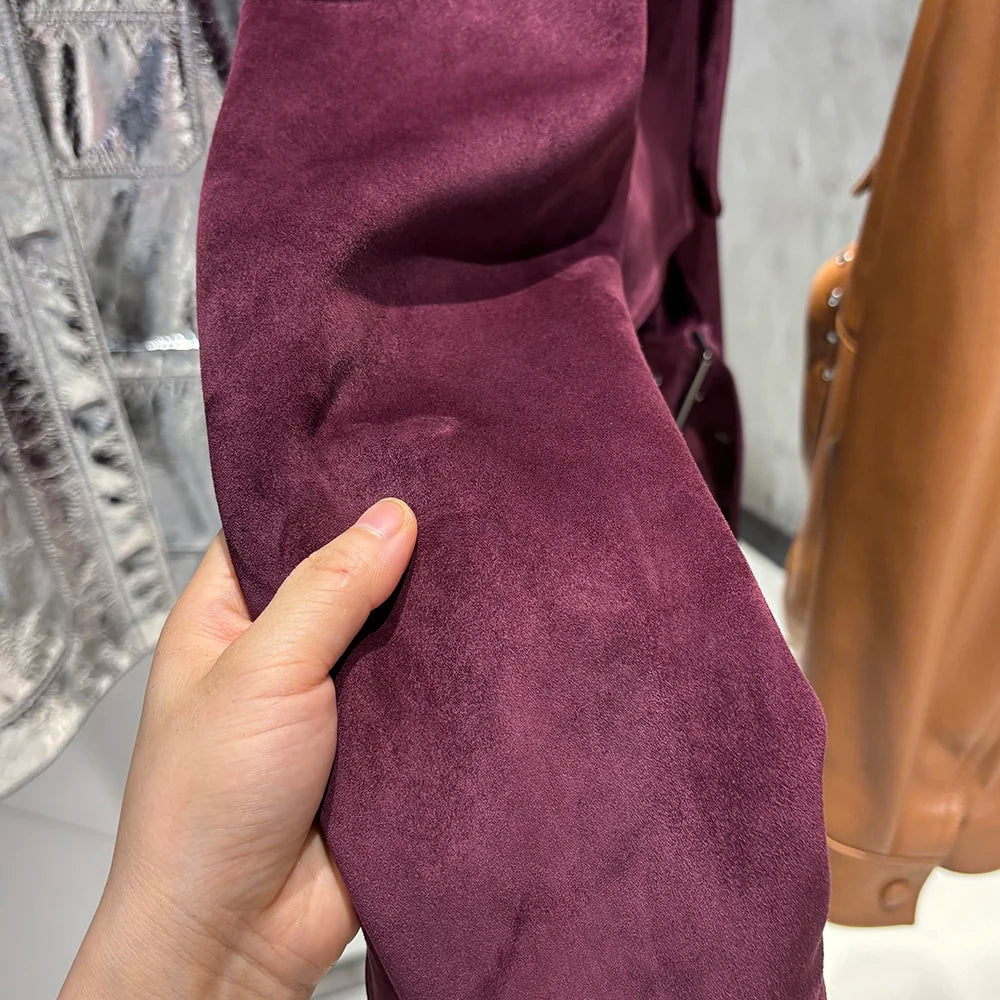 YOLOAgain Real Leather Suede Jacket Women Dark Brown Single Breasted Leather Coat With Belt