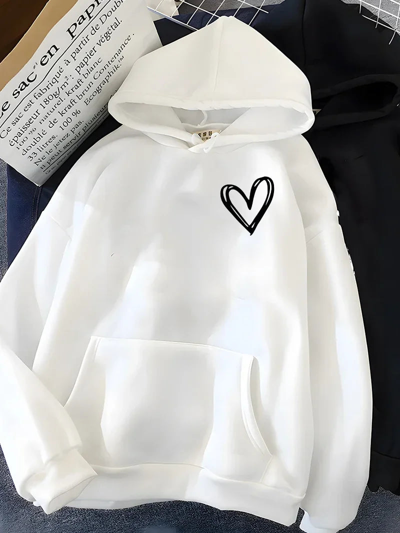 Hirsionsan Simplic Heart Print Women Sweatshirt Soft Casual Loose Vintage Female Hoodies 2025 Winter Warm Fleece Student Tops