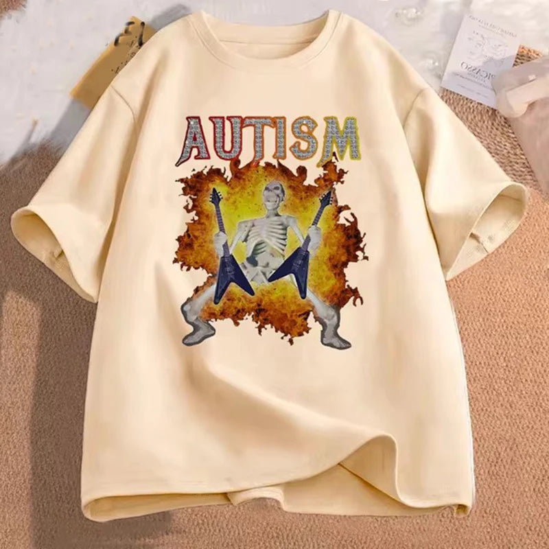 Autism Funny Skeleton Meme Men's T-shirt Cotton Mens Clothing Graphic Tshirts Man women Clothes Printed Short Sleeve Tee Tshirts