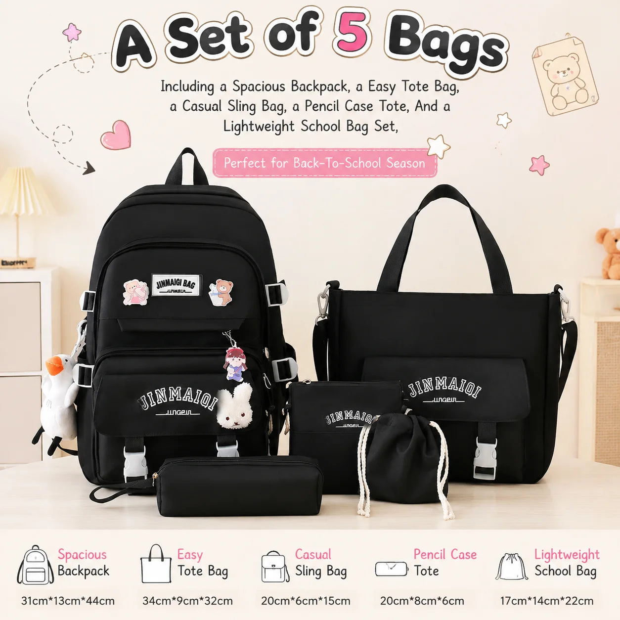 A Set of 5 Bags Including a Spacious Backpack, Perfect for Back-To-School Season Includes a Small Duck And a Rabbit Accessory
