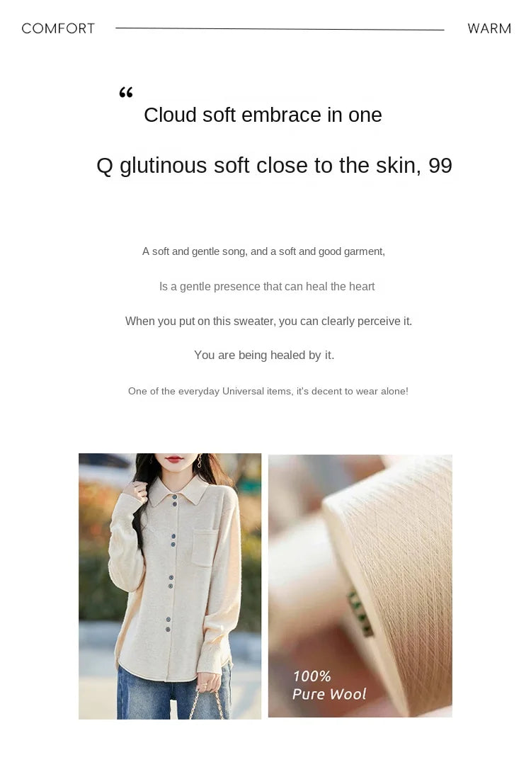 POLO Collar Wool Sweater 100 Pure Wool Spring And Autumn New Knitted Women Loose And Slimming Cardigan ZA682