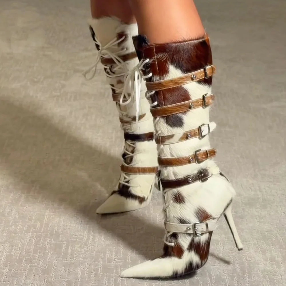 Horsehair Metal Rivet Buckle Betl Long Boots Thick Heel Sexy Pointed Toe Zipper New Arrivals Fashion Women Modern Boots