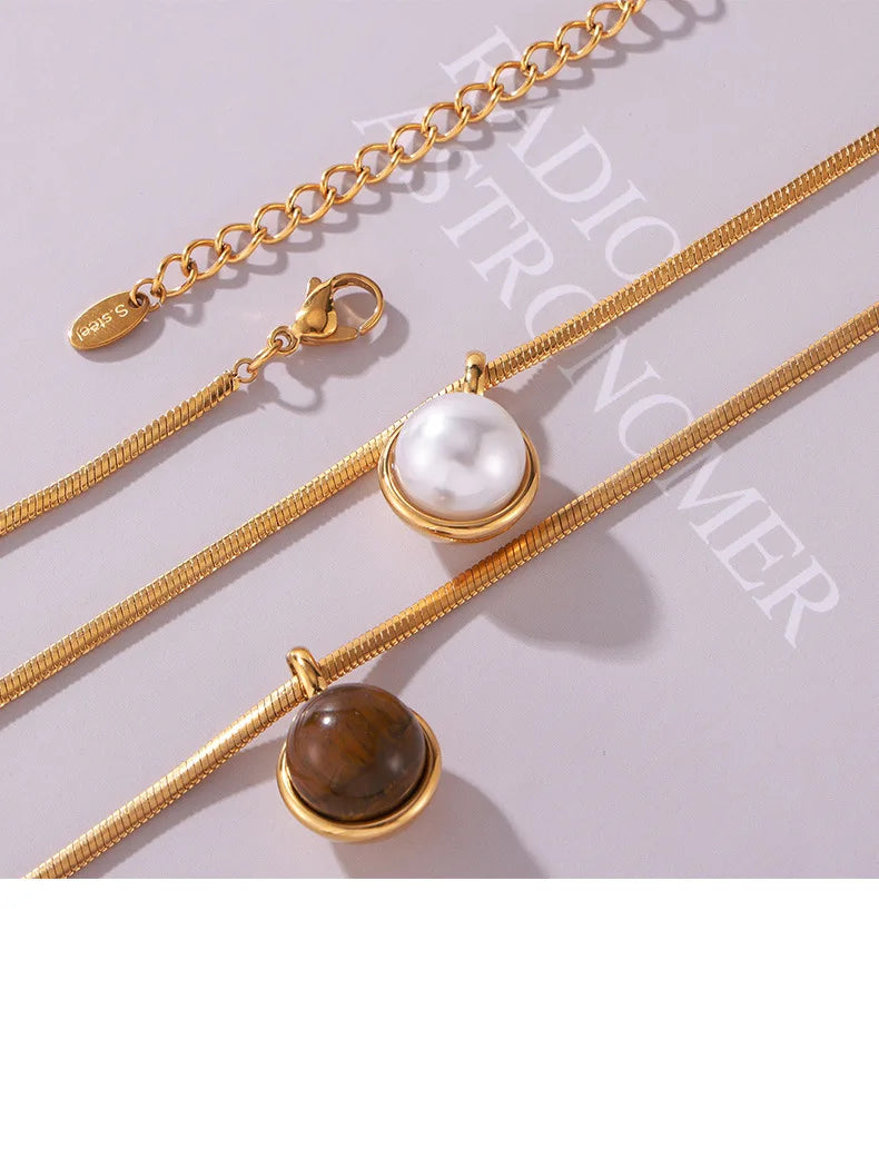 Women's Necklace with Retro Style Pearl Natural Stone Pendant Titanium Steel Lock Chain Fashionable Jewelry Accessories