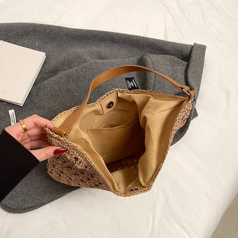 Women Weaving Clutches Top-handle Bag Large  Portable Shoulder Bag Summer Beach Purses Shopper Satchel Female Tote Bags