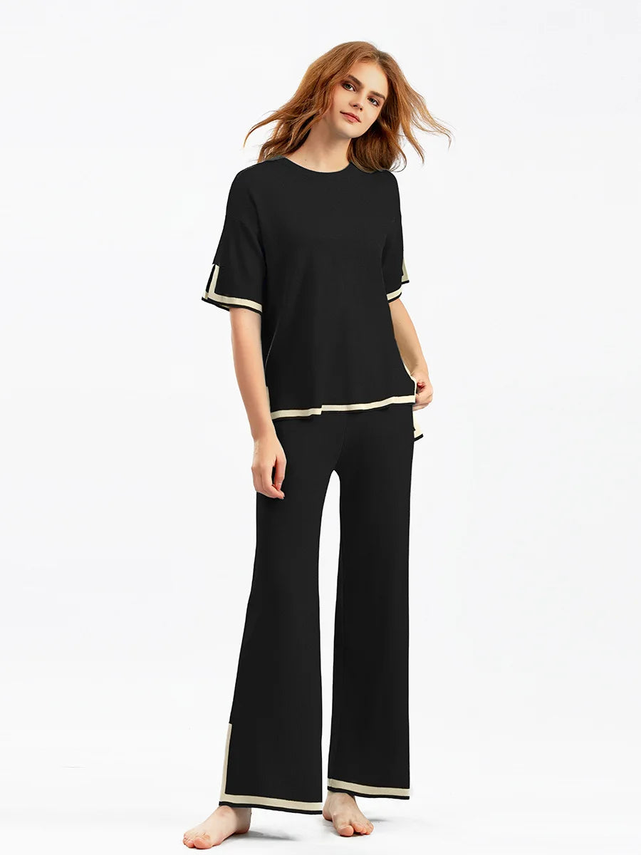 Pants Set Women Two Piece Sets Short Sleeve Spring Knit Tops Loose Casual Wide Leg Long Pants High Waist Y2k Streetwear Spring
