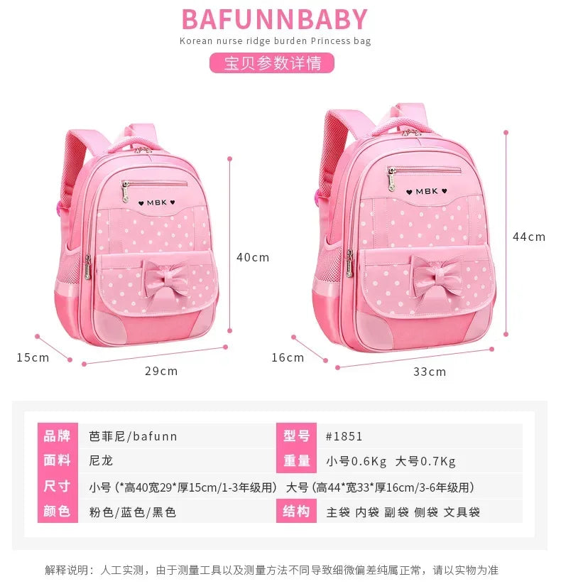 Lightweight School Backpack for Girls Kids Ages 6-12, Cute Polka Dot Bow Elementary Bookbag with Ergonomic Padded Straps