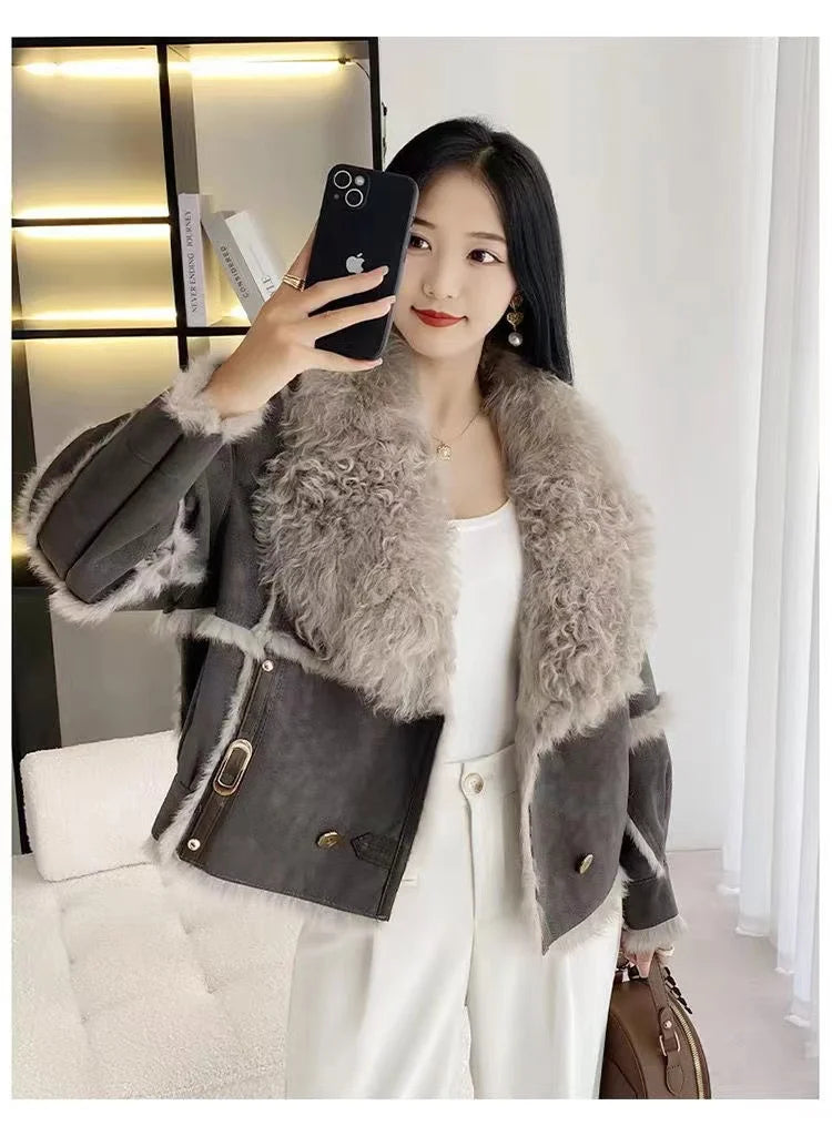 2024 Sprng and Aumn Sort Fur Women's Sheskin Jcket, Taned Sede Fabric, 100% Ntural Rbbit ur Liing, Luxrious And F