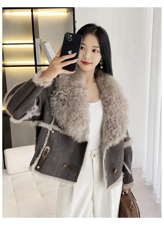 2024 Sprng and Aumn Sort Fur Women's Sheskin Jcket, Taned Sede Fabric, 100% Ntural Rbbit ur Liing, Luxrious And F