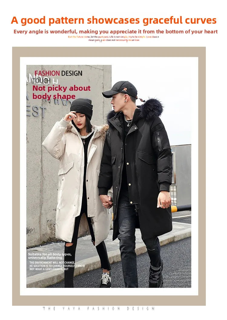 New Winter Down Jacket Men's Couple Fashion Big Fur Collar Medium and Long Youth Pie To Overcome Warmth and Thickening Tide