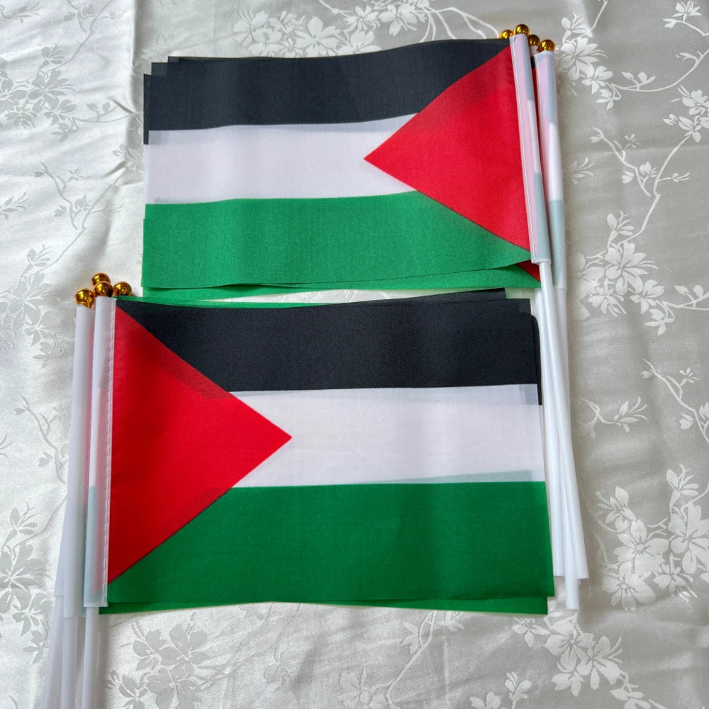 Palestine Flag 14x21cm Portable Hand Waving Palestinian Banner Polyester Fade-Resistance Plastic Flagpole for Events