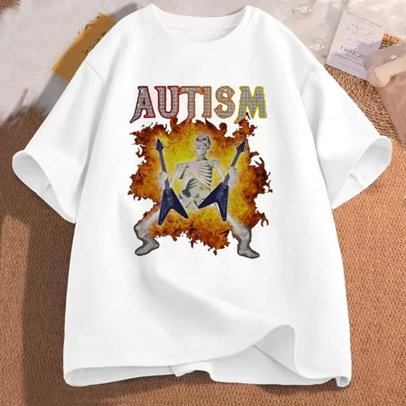 Autism Funny Skeleton Meme Men's T-shirt Cotton Mens Clothing Graphic Tshirts Man women Clothes Printed Short Sleeve Tee Tshirts