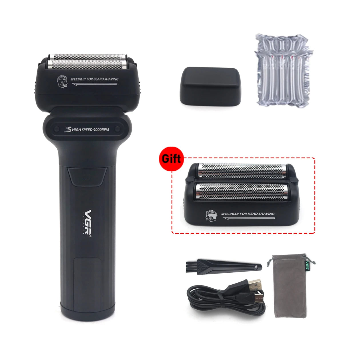 VGR V368 Beard Trimmer for Men with Double Foil Washable 9000RPM DC Motor Professional Barber Machines Shaving Machine