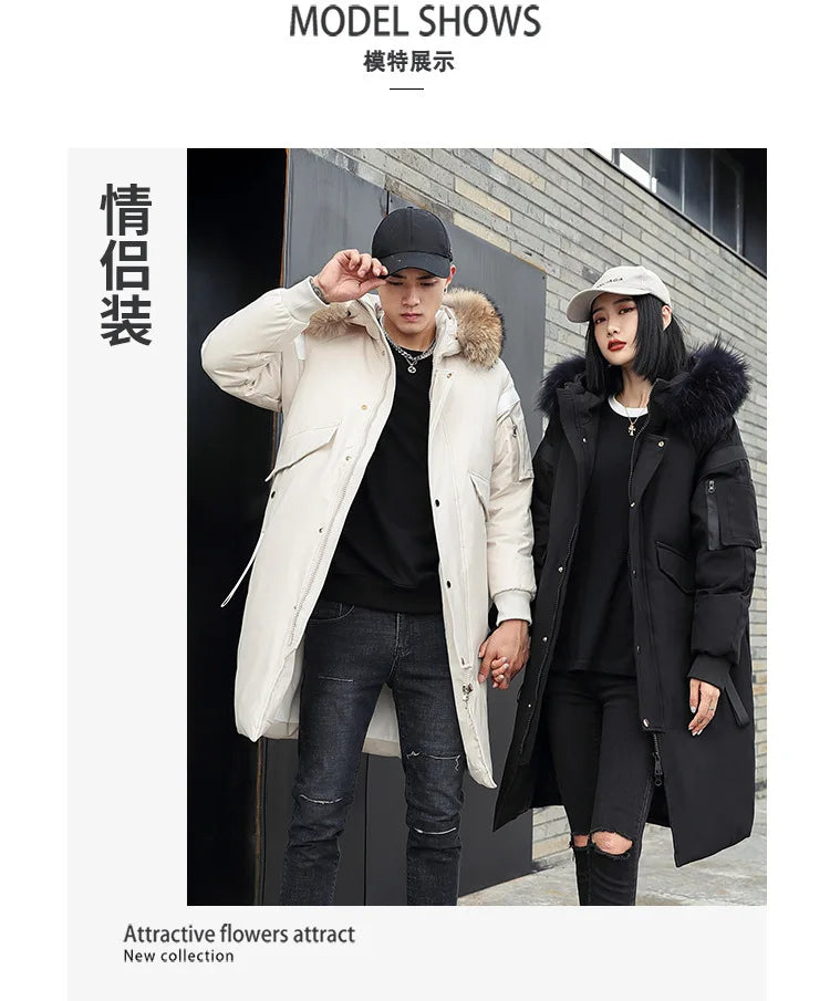 New Winter Down Jacket Men's Couple Fashion Big Fur Collar Medium and Long Youth Pie To Overcome Warmth and Thickening Tide