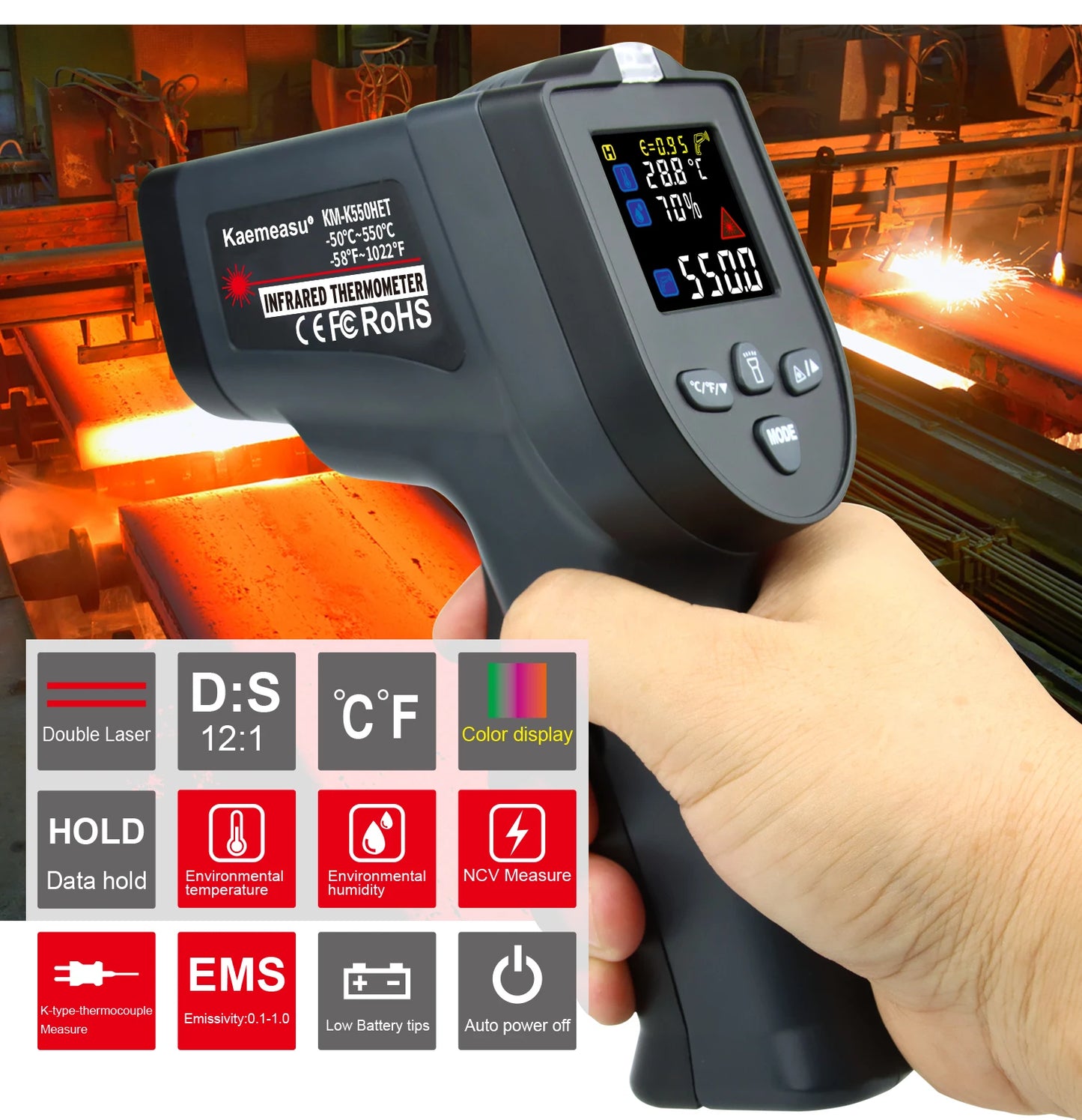 LCD Industrial Electronic Thermometer NonContact Digital Laser Temperature Meter Gun Laser Point Infrared Thermometer