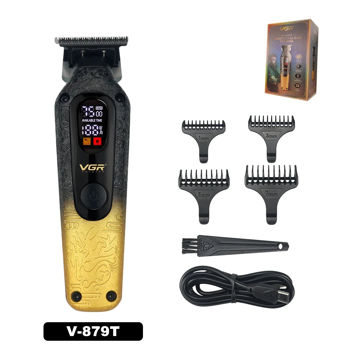 VGR V-879T Hair Trimmer for Men DLC Blade T-Blade 7500RPM LCD Display 1500mAh Professional Hair Clipper Finishing Machine