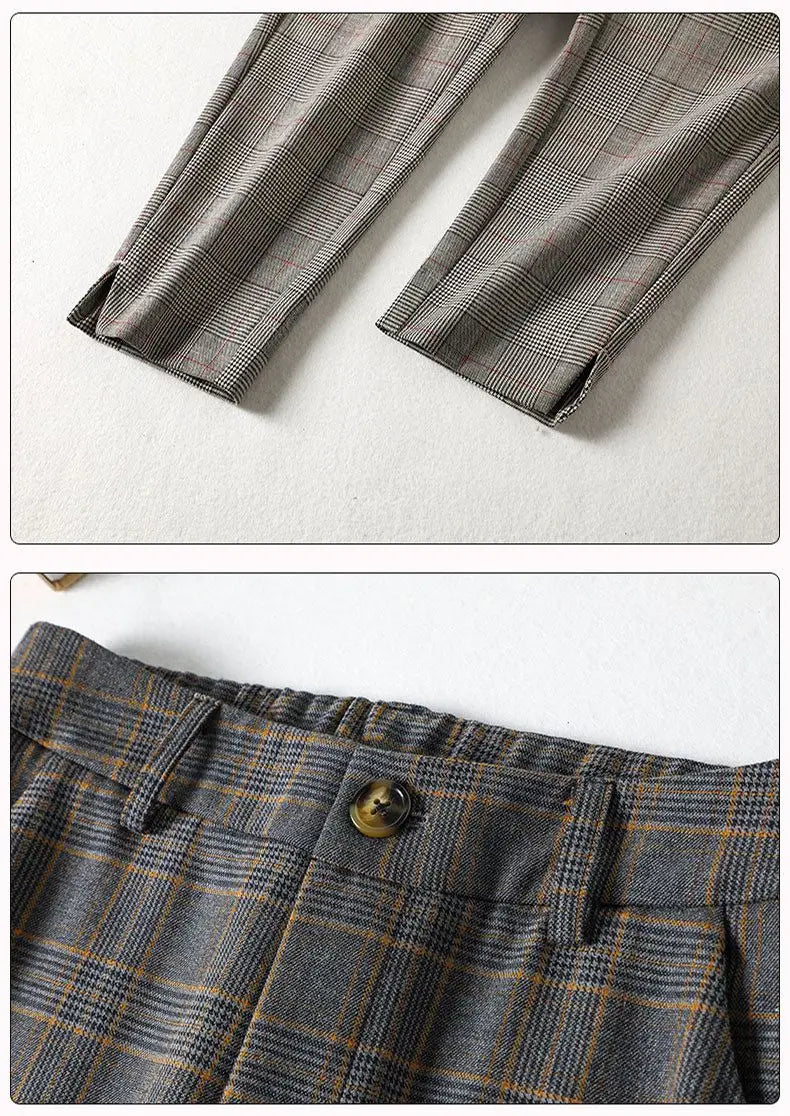 Office Lady Slim Woman Clothing Plaid Suits Pants Spring Autumn New Korean Fashion Vintage High Waist Straight Casual Trousers