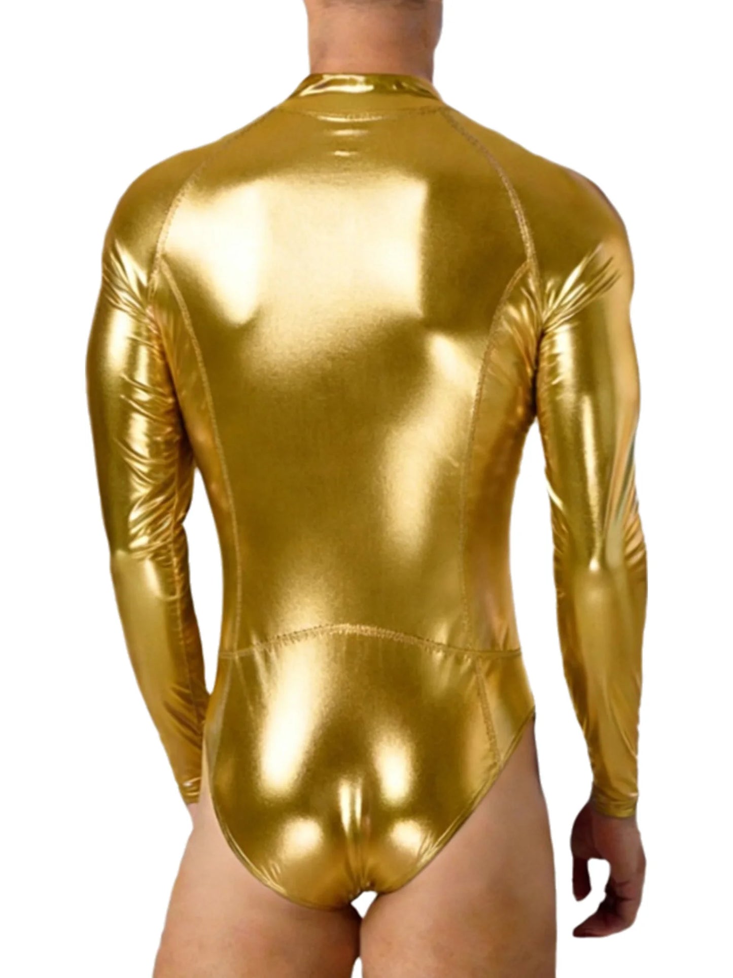 Mens Bathing Suits Swimsuits Metallic Shiny Bodysuit Long Sleeve One-piece for Nightclub Jazz Dance Beach Gymnastics Leotard