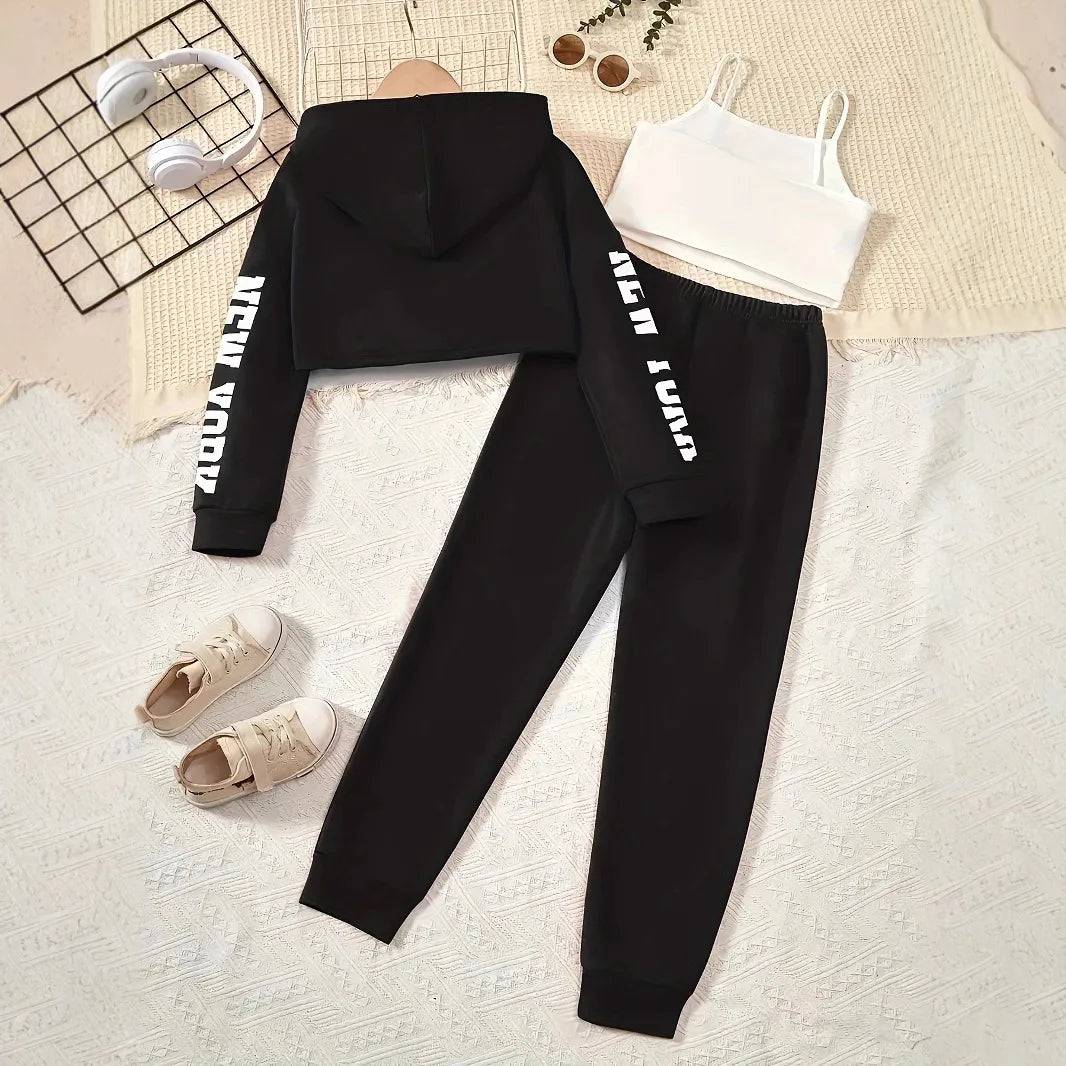 2026 girls clothes spring letter sweatshirt hooded crop top and bottom new york port pants leggings teens child set 4 10 12 year