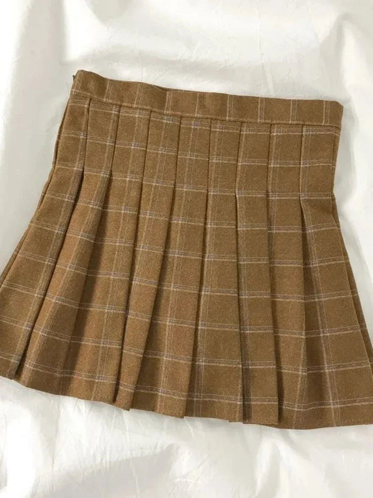 Vintage Preppy Suit Girl Knitted Vest Cardigan Doll Collar Long-sleeved Shirt Pleated Plaid Skirt single piece Spring Autumn