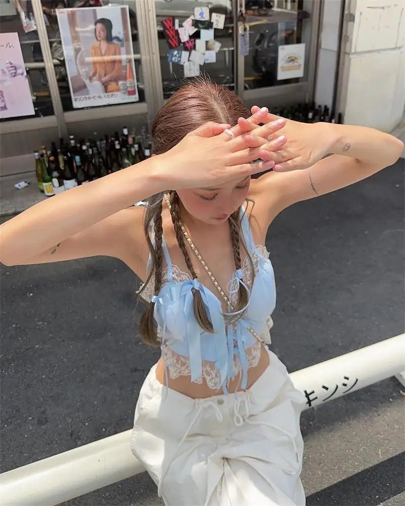Women Summer Lace Trim Tops Blue Ribbed Bow Tie Backless Spaghetti Strap Crop Top Cute Sweet Girl Sleeveless suspenders 2025 New
