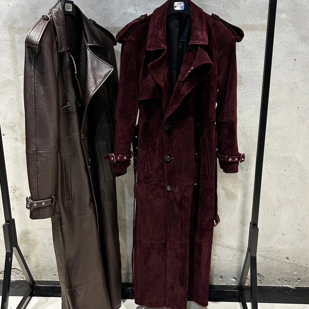Suede Burgundy Long Coat Double Breasted Windbreak Length 150cm Women's Real Suede Coat