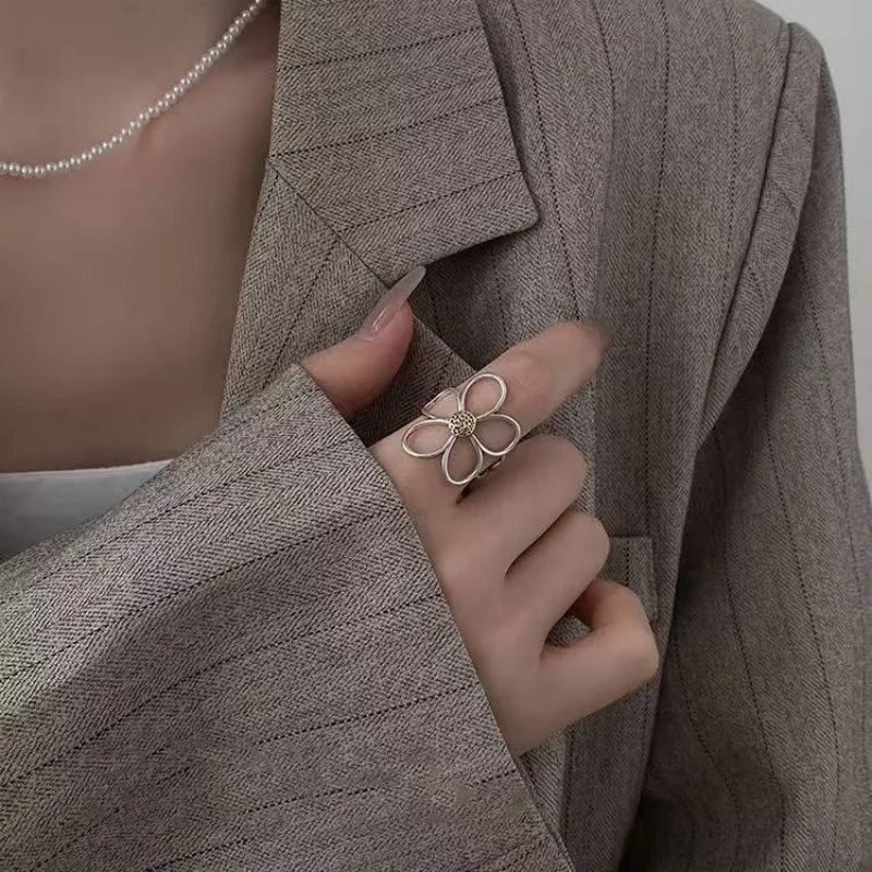 Sterling Silve Flower Ring for Women Gift Hollow Out Design Retro Hip Hop Versatile Jewelry Party Gift Dropship
