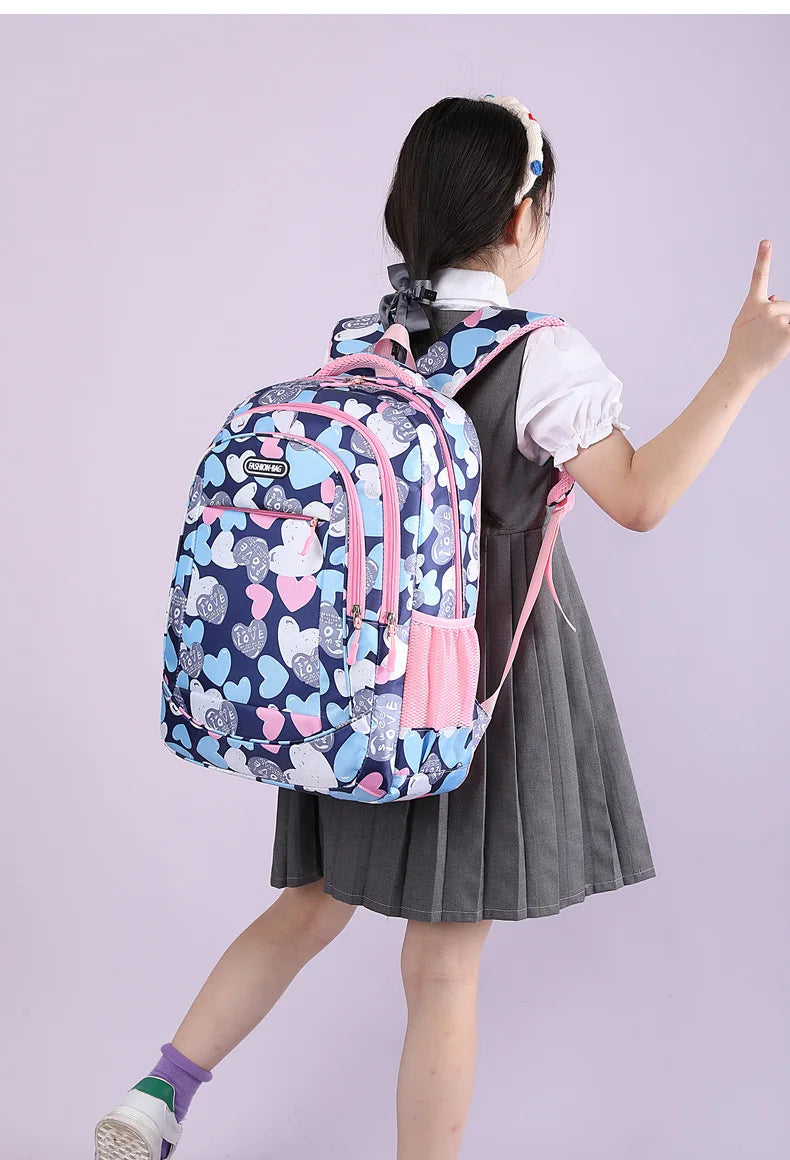 Student Boys And Girls School Bags Love Heart Printed Student Shoulder School Bags 1-6 Grade Light Weight Double  Shoulder Bags