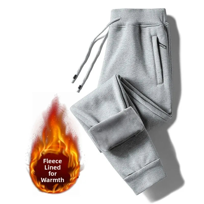 Men's Fleece Lined Trousers Loose Fit Straight Leg Casual Pants with Pockets Zipper Closure Autumn Winter Outerwear