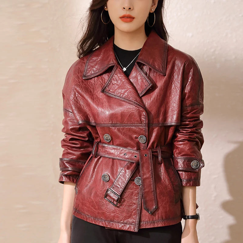 Roupas Femininas Autumn Women's Suit Collar Lace-up Waist Oil Wax Sheepskin Gabardina Mujer Vintage Red Wine Short Trench Coats