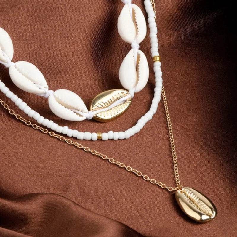Necklace Three Layer Beach Seashell Choker Necklaces Bohemian Natural Shell Short Collar for Women Rope Chain Choker